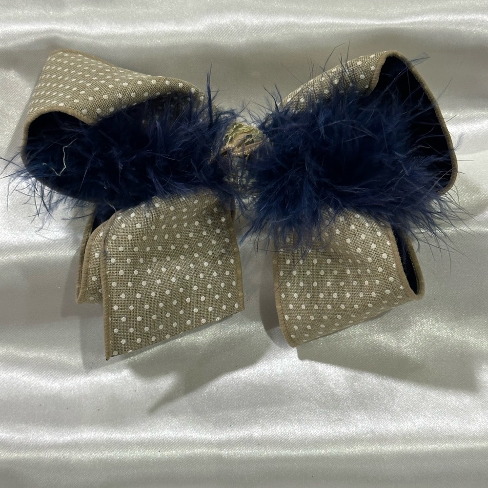 Polka Dot Bow Hair Clip with Navy Feather Trim